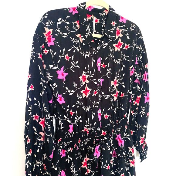 NWT Free People Black Combo Lighten Up Long Sleeve Belted Collared Mini Dress S - Picture 9 of 15